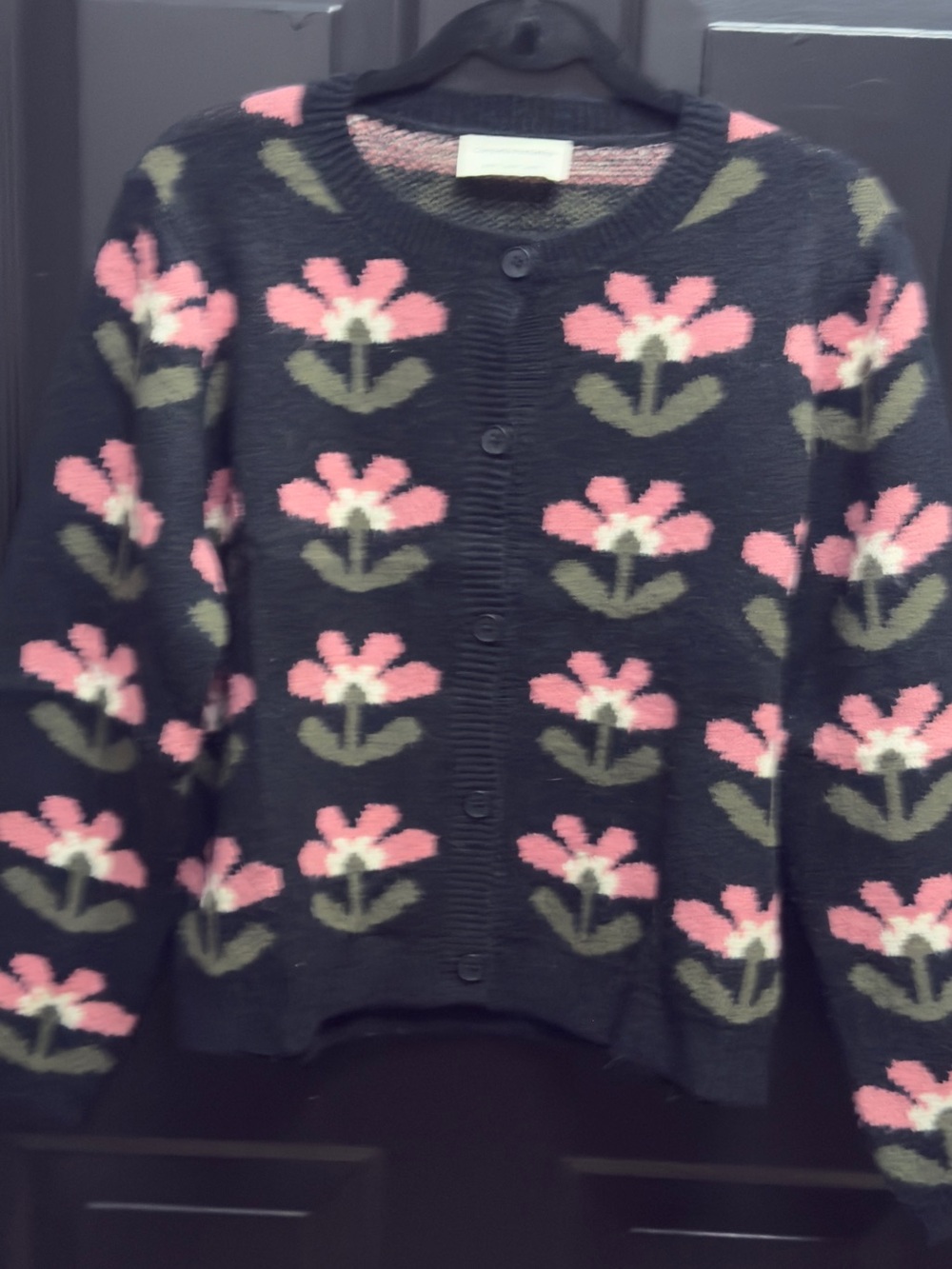 Black Floral Button-Front Sweater Cardigan with Pink Flowers